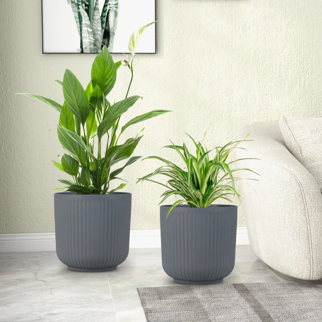 Contenitori decorativi per piante da interni ed esterni per veranda giardino, Set di 2 vasi per fiori a strisce con sistema Grigio-Fioriere