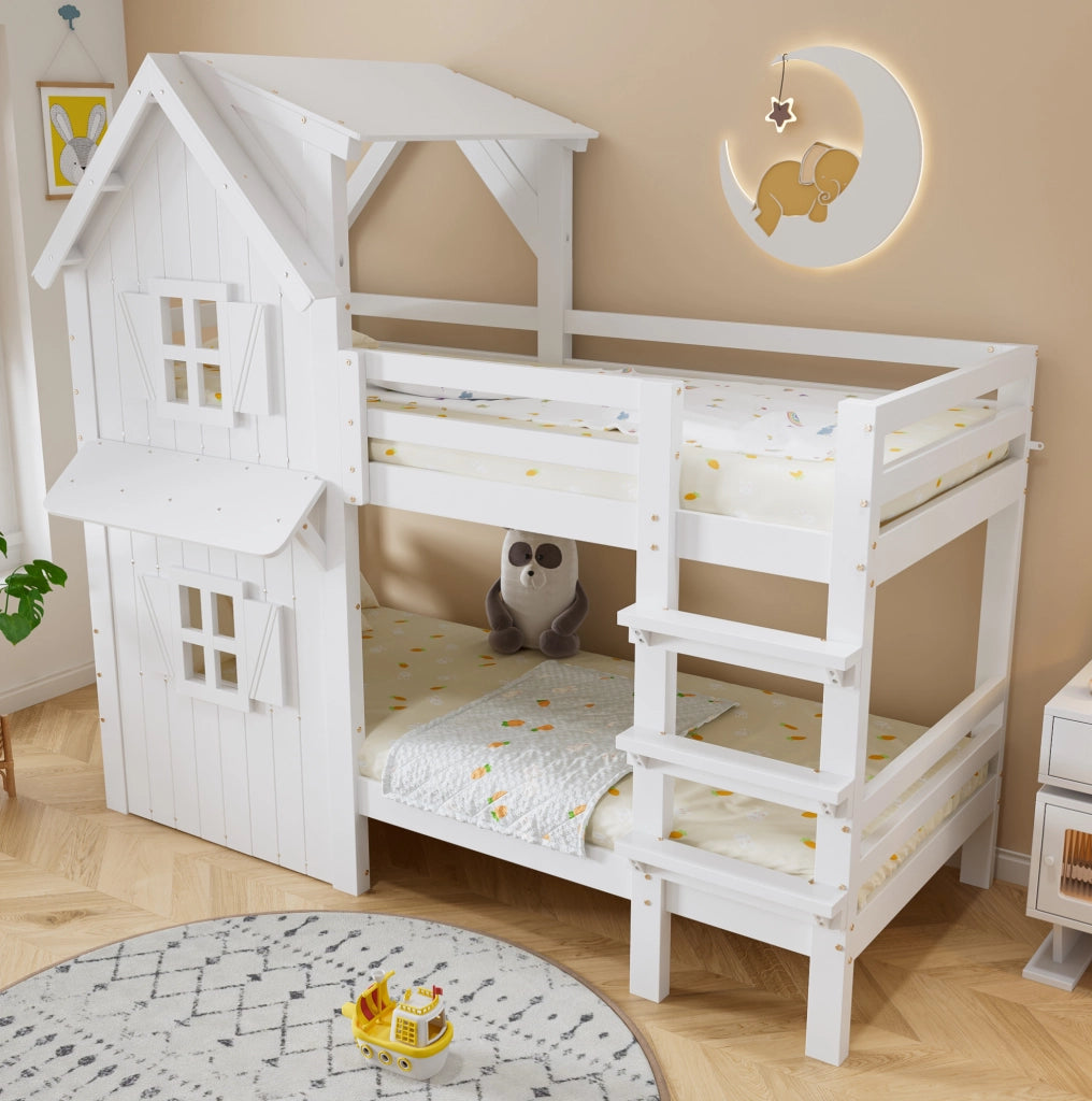 Letto a castello per bambini bianco 90x200 cm con finestre e tetto