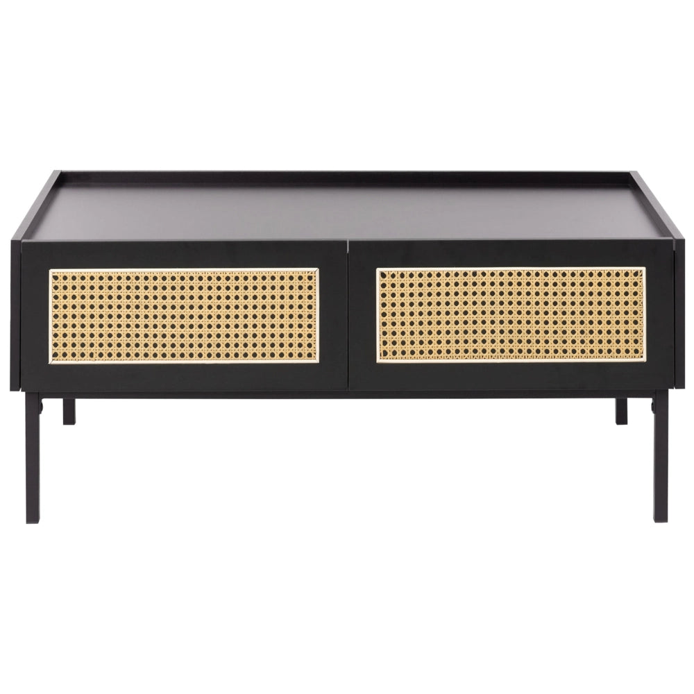 Tavolino da caffè nero con treccia viennese Struttura in ferro MDF Cassetti in rattan 97 x 57 x 42 cm Boho