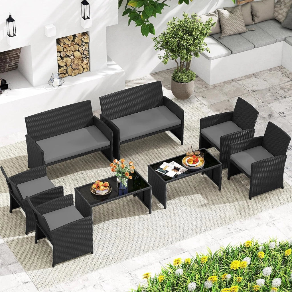 Set Salotto da Giardino 4 Pezzi, Divanetto e Poltrone in Rattan con Tavolino da Caffè in Vetro Temperato, Set di Mobili da Esterno Imbottiti per Cortile, Veranda e Bordo Piscina (Grigio)