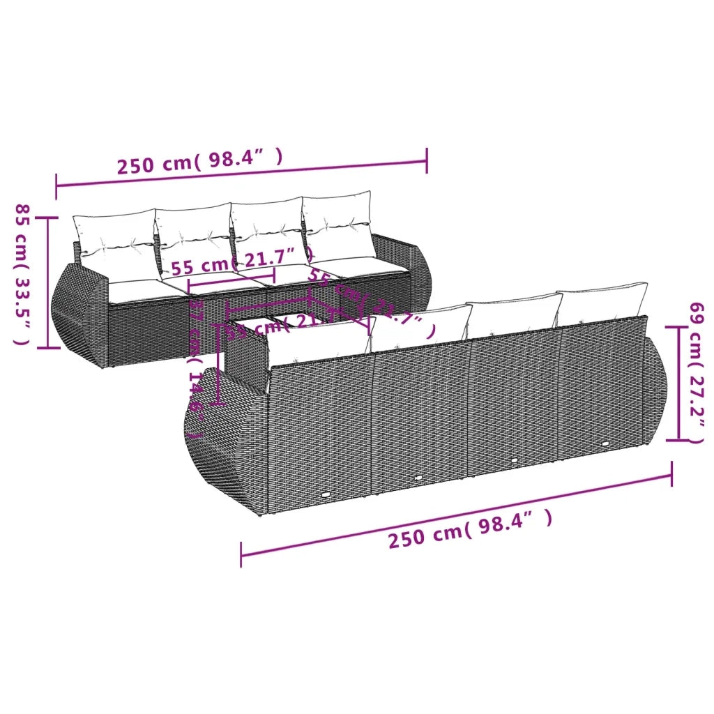 Set Divano da Giardino 9 pz con Cuscini Grigio in Polyrattan