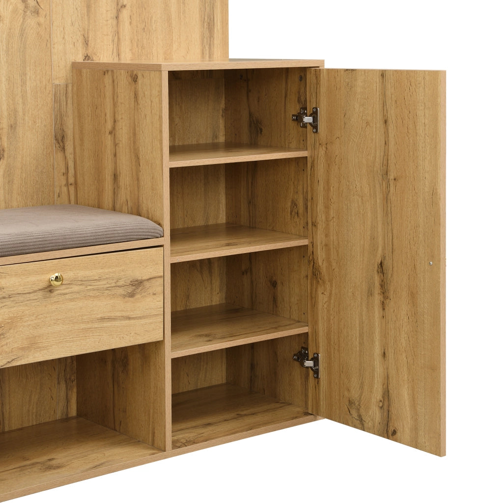 Set mobili ingresso con scarpiera, specchio, seduta imbottita e portaombrelli laterale, MDF naturale