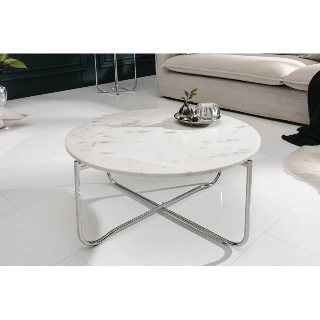 Tavolino basso rotondo VINTORA in marmo bianco e metallo argentato – tavolino pieghevole di design moderno ed elegante