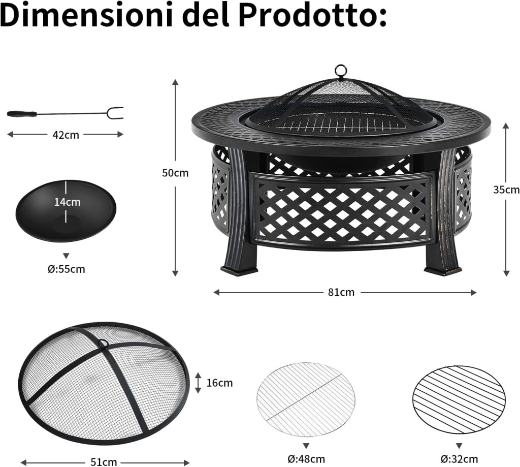 Braciere da Giardino, 3 in 1 Braciere da Esterno con Copertura Protettiva, Copertura Antipioggia e Attizzatoio, Diametro: 50 cm, per Campeggio, Cortile, Patio