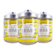SET 3 BARATTOLI HOME IN VETRO CON FANTASIA E SCRITTA HOME IN COLORAZIONE GIALLA CON TAPPO 800CC