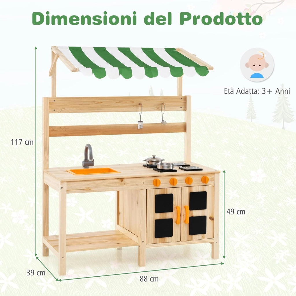 Cucina Giocattolo per Giardino in Legno di Abete, Cucina per Fango da Esterno con Tettoia, Fornelli, Ganci, 4 Lavagne e Lavello, Set Cucina con 5 Accessori, 88 x 39 x 117 cm