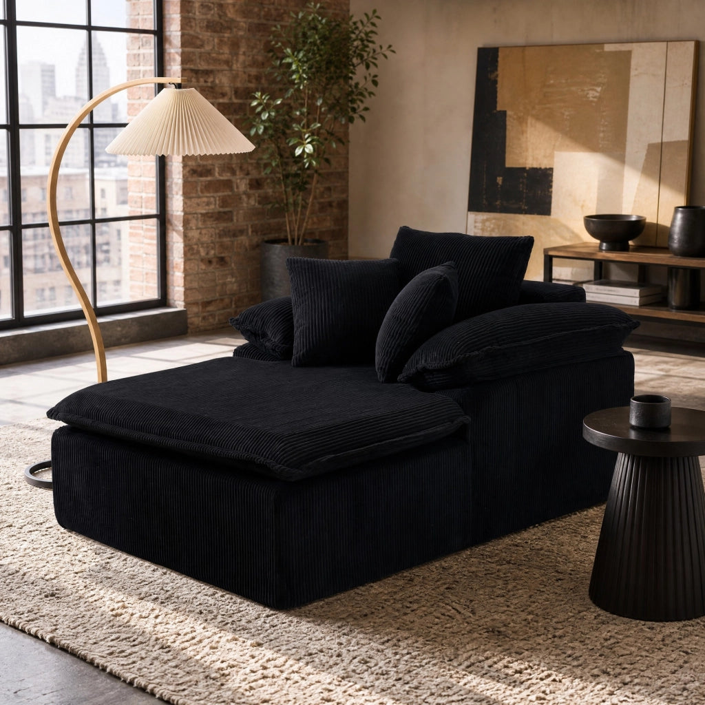 Poltrona relax senza struttura con schienale e braccioli ergonomici, in velluto a coste, Nero