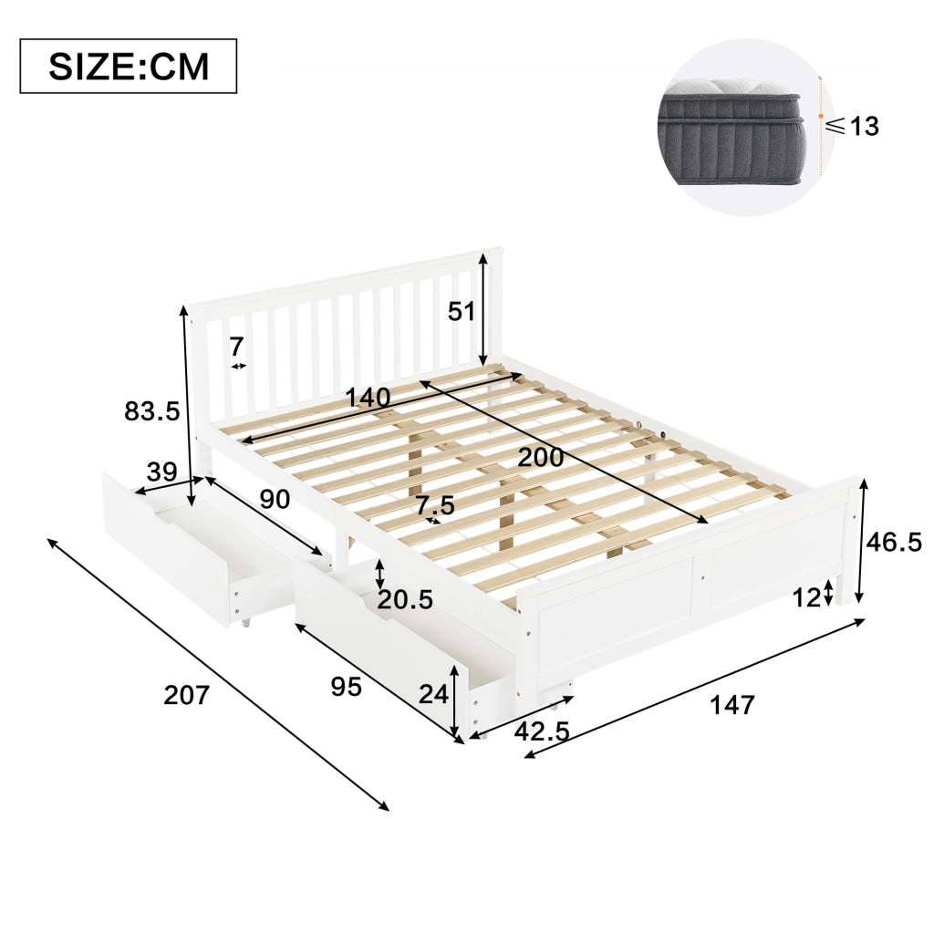 Letto matrimoniale 140x200 cm con 2 cassetti; legno massello bianco