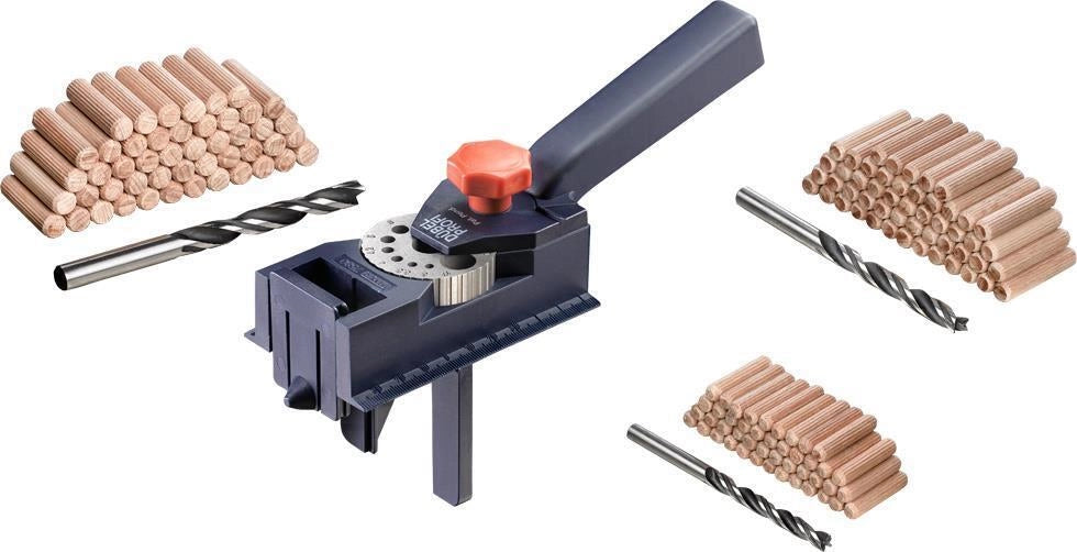 KWB 49758100 Set Completo per Spinatura Dima Guida per Trapano 3 Punte Elicoidali Legno 6 8 10 mm 150 Spine colore Blu