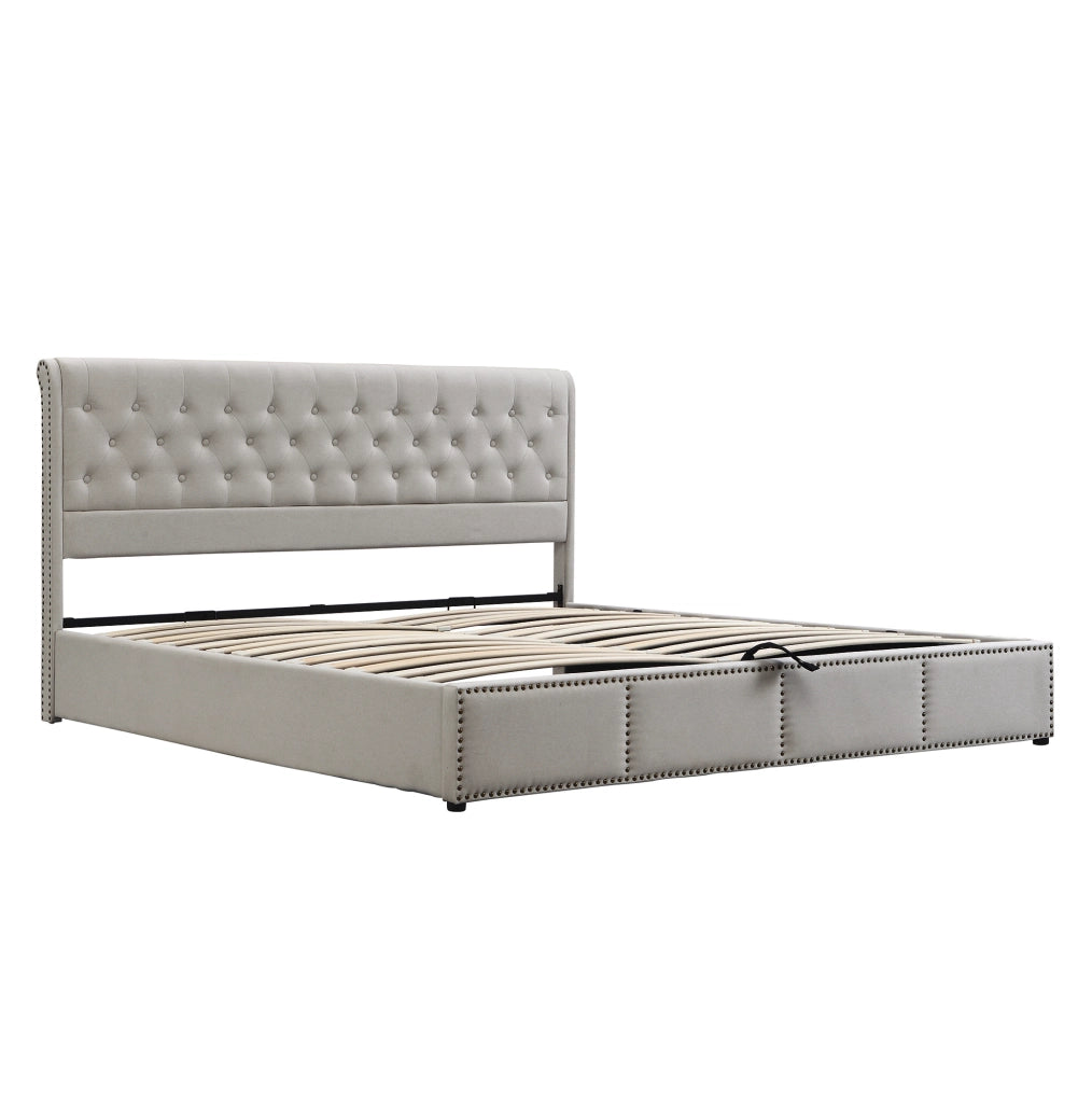 Letto imbottito in lino 160x200 cm con contenitore; rete a doghe; senza materasso; grigio