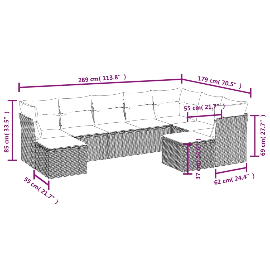 Set Divani da Giardino 9 pz con Cuscini Nero in Polyrattan 3218566