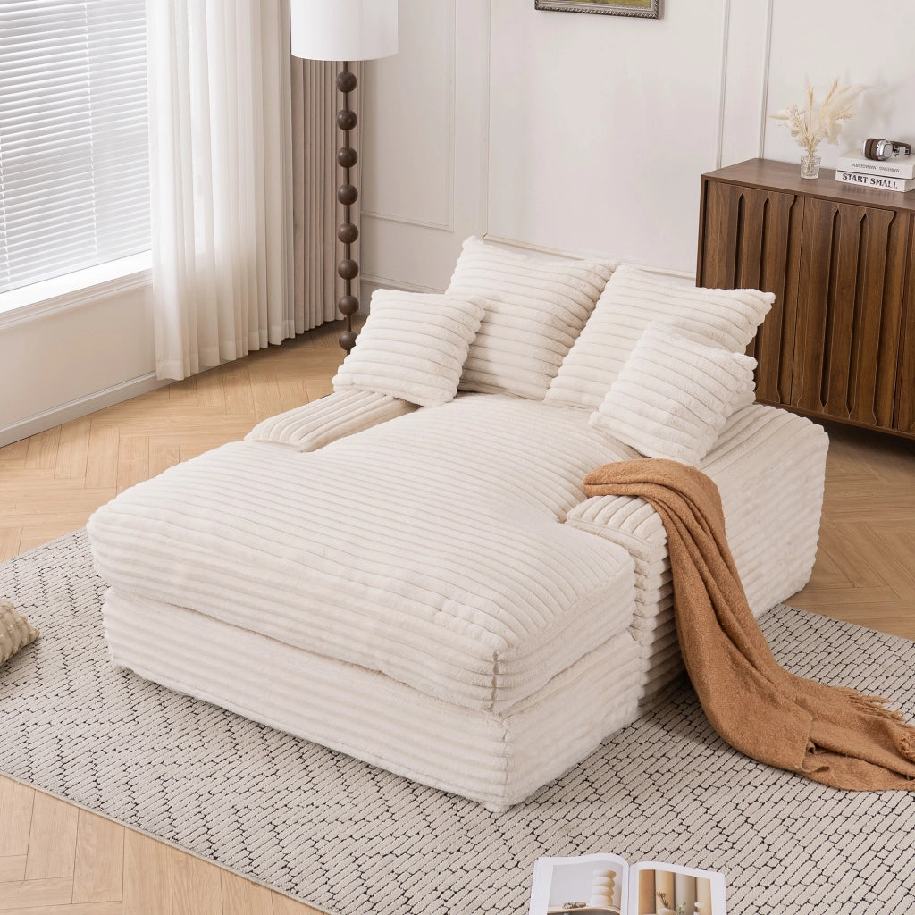 Méridienne in tessuto effetto corda con quattro cuscini rimovibili e supporto ergonomico beige 135 × 165 × 58 cm