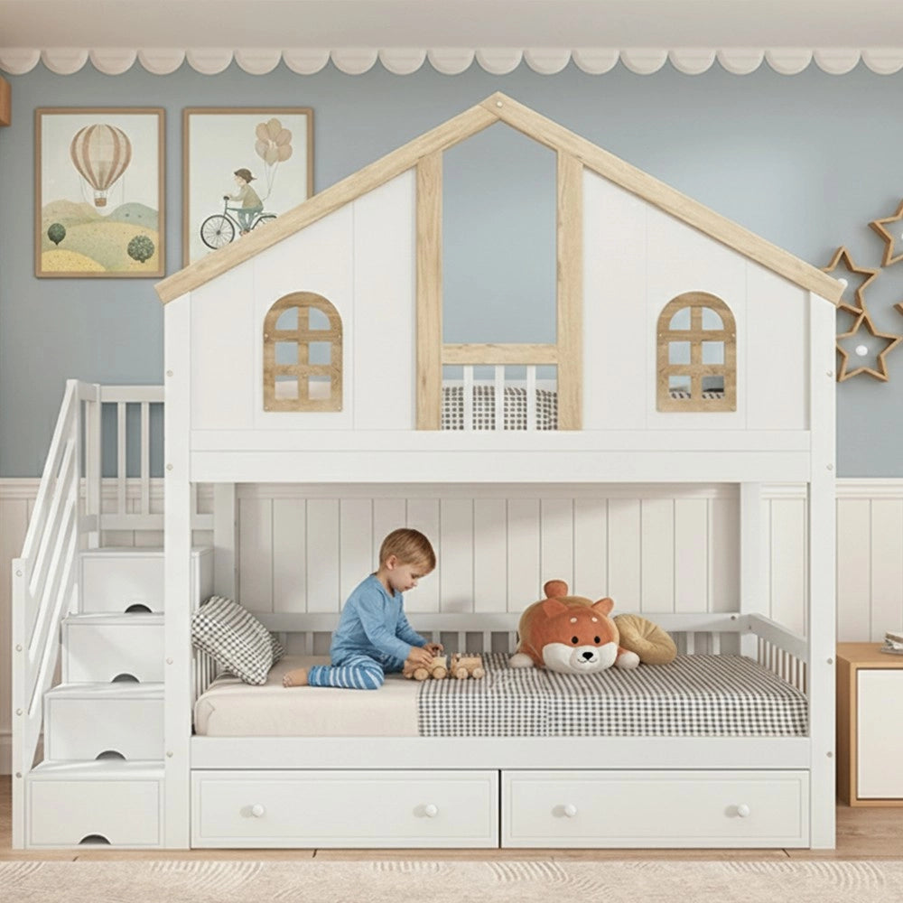 Letto a Castello per Bambini con Cassetti e Scala ¨C MINIMAL ¨C Pino/MDF, Bianco/Naturale, 90x200