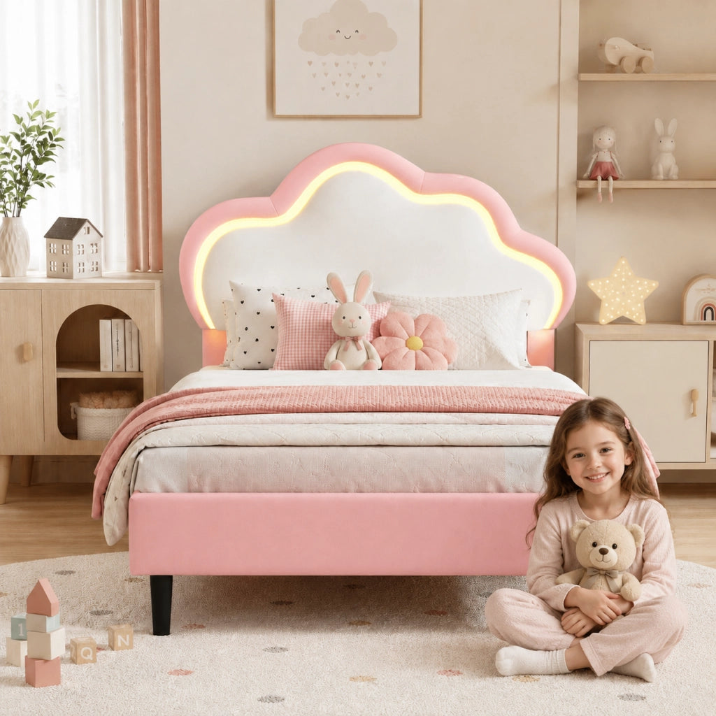 Letto per bambini 90x200cm con testiera a nuvola regolabile, rivestimento ecopelle rosa, luci RGB LED, telecomando e app, struttura robusta per camera da letto