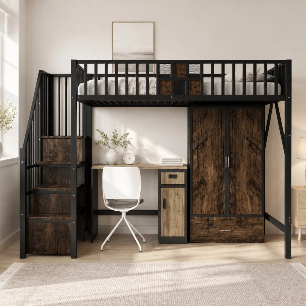 LETTO a soppalco 90x200 cm nero con armadio, cassetto e scaletta contenitore