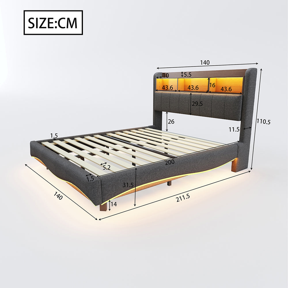 Letto sospeso-Xylo-140x200 cm-LED, USB-C, multifunzione, grigio