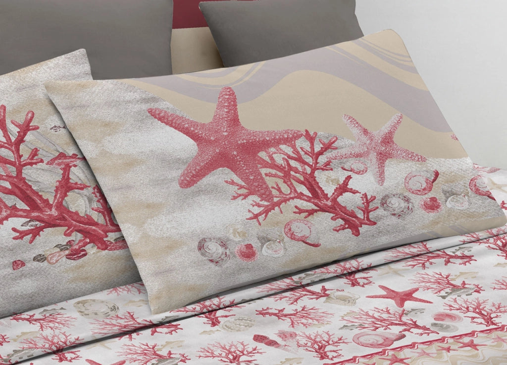 Completo Lenzuola Letto Pensieri Delicati 100% Cotone Dis. Marina New - Piazza E Mezza - Rosso