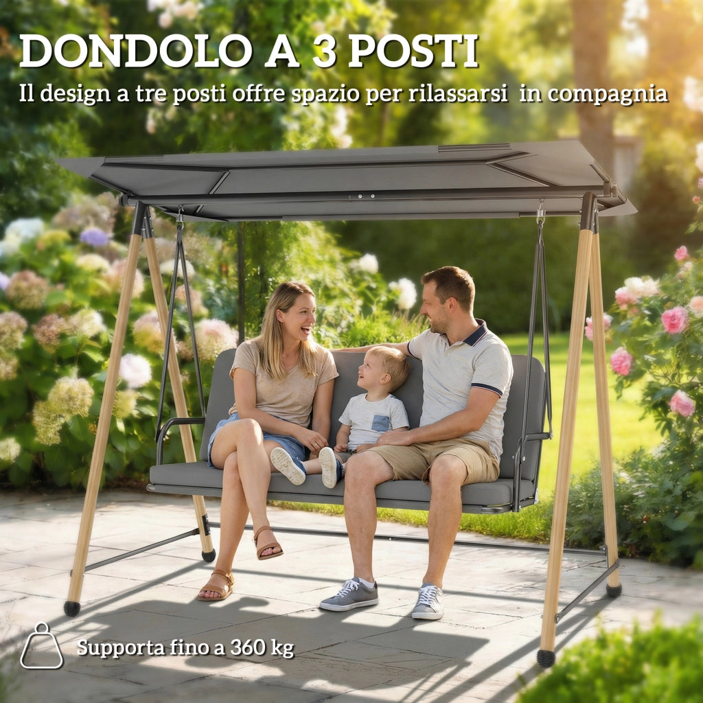Dondolo 3 Posti con Tettoia Regolabile e Cuscino, in Acciaio, Texteline e Poliestere, 208x125x180 cm, Grigio
