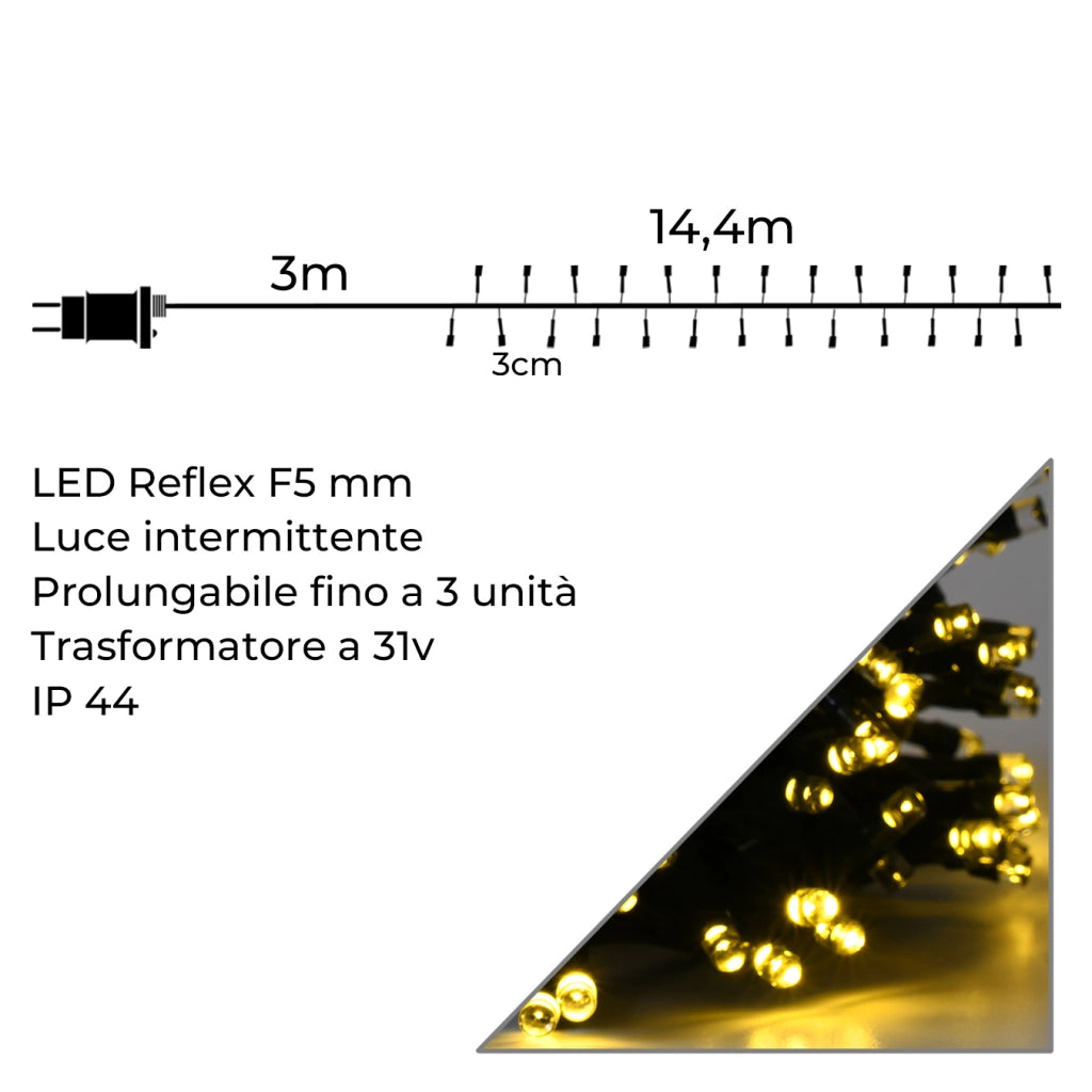 CATENA LUMINOSA 480 LED LUCE CALDA INTERMITTENTE CAVO VERDE 14,4M - ILLUMINAZIONE FESTIVA A BASSA TENSIONE CON TIMER E PROLUNGABILE