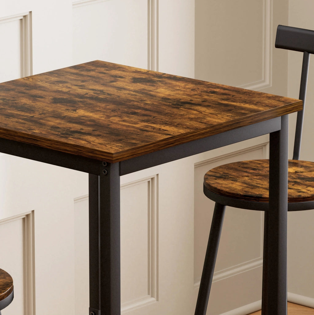 Set bar 60x60x92 cm salvaspazio con schienale; in acciaio e truciolato marrone rustico e nero