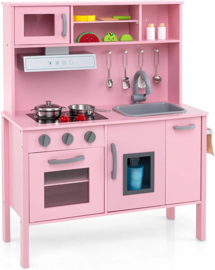 Cucina Giocattolo per Bambini in Legno, Cucina per Bambini con Microonde, Cappa Aspirante, Forno, Macchina del Ghiaccio, Lavello e Rubinetto, Manopole con Suoni, per 3-6 Anni (Rosa)