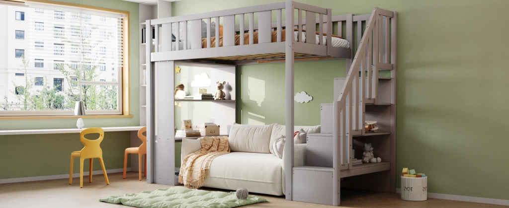 Letto a soppalco 90x200 cm con scala contenitore e 3 vani portaoggetti in legno grigio