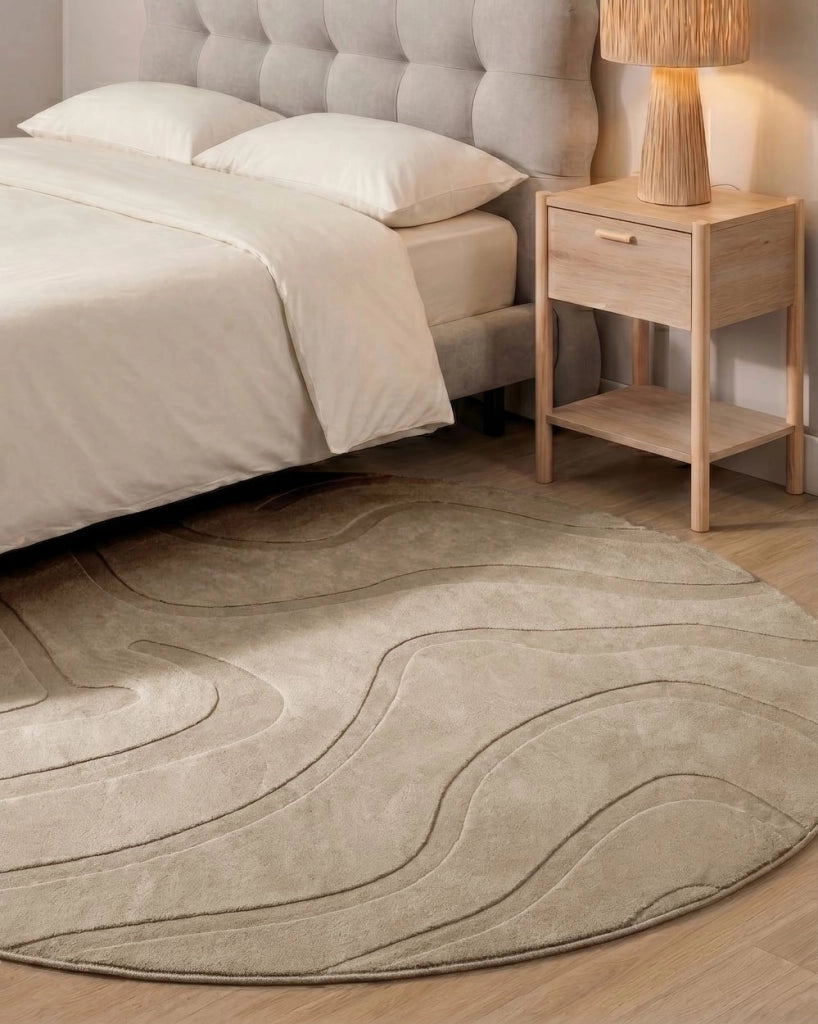 Tappeto da salotto moderno in tessuto jacquard, 160 cm, forma rotonda, pelo corto, beige, Stile Moderno