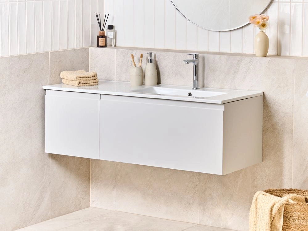 Mobile da bagno sospeso con lavabo  in legno ingegnerizzato e contenitore 120 cm grigio chiaro design moderno