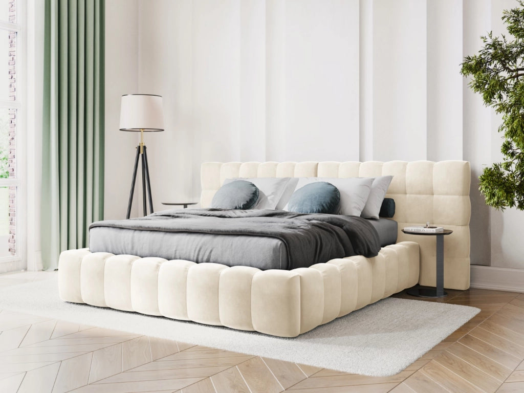 Cosmopolitan Design - Letto a cassettone con testiera doppia "Bali" 140x200cm in velluto beige chiaro 