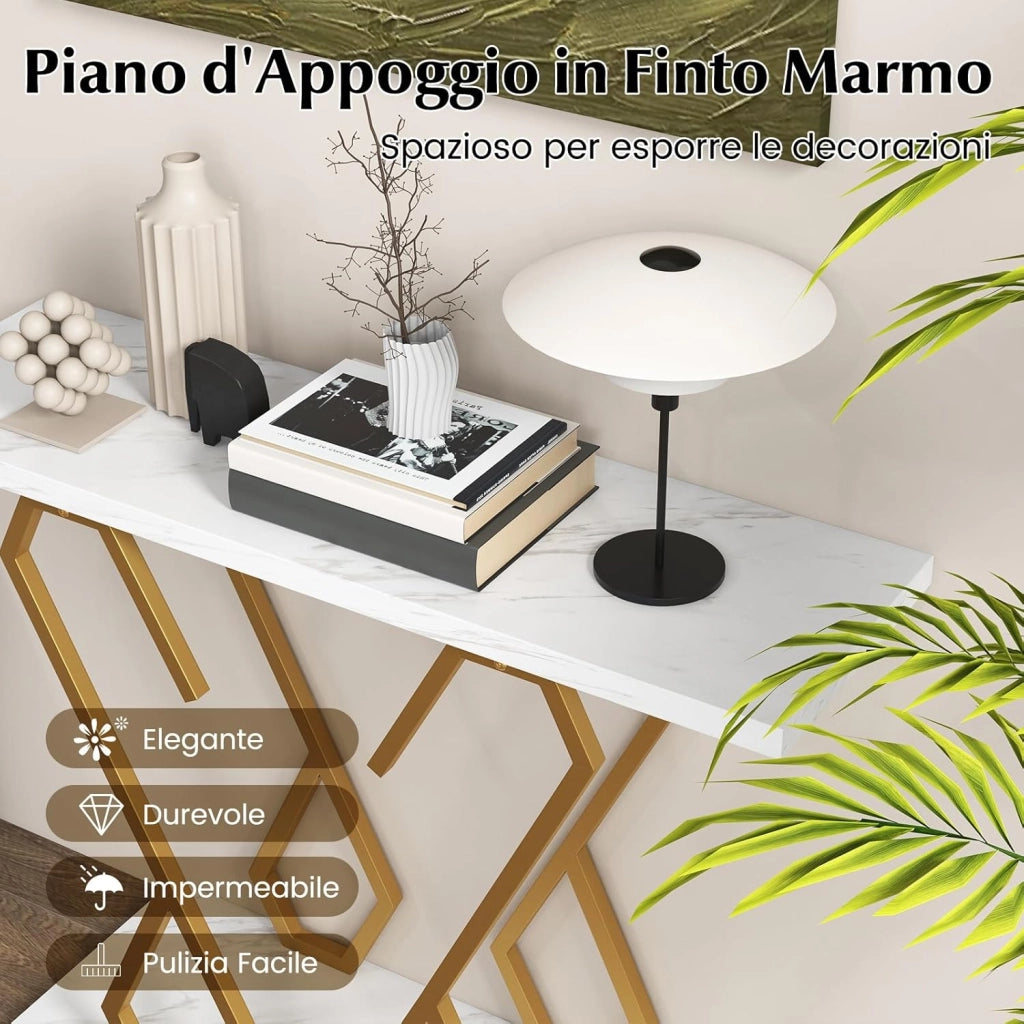 Tavolo Consolle 100cm, Tavolo d'Ingresso con Piedini Regolabili, Kit Antiribaltamento e Struttura in Metallo, Tavolino da Divano per Soggiorno, Ingresso e Corridoio (Bianco e Oro)