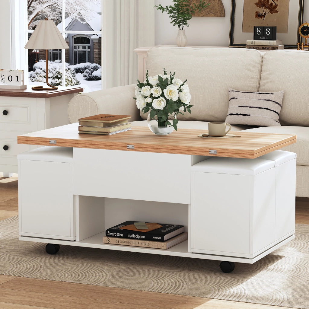 Tavolino da salotto regolabile in altezza 2 in 1 con contenitore, piano sollevabile, ruote e 4 sgabelli, bianco e legno naturale