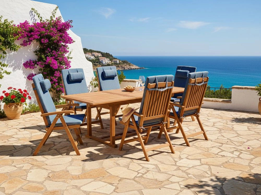 Set di 6 sedie da giardino in legno di acacia chiaro con cuscini blu pieghevoli resistenti ai raggi UV stile rustico