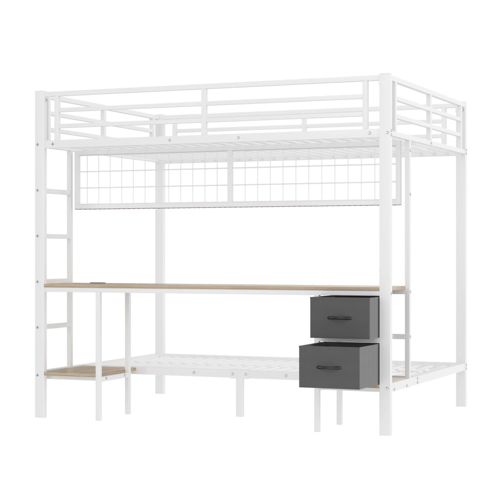 Letto a soppalco 140x200 cm con scrivania; cassetti e ripiani in metallo