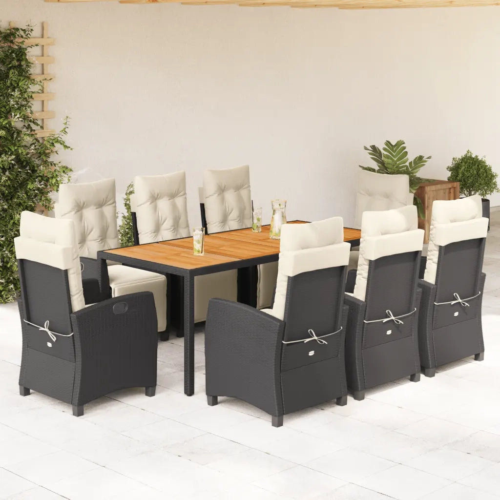 Set da Pranzo da Giardino 9 pz con Cuscini Nero in Polyrattan