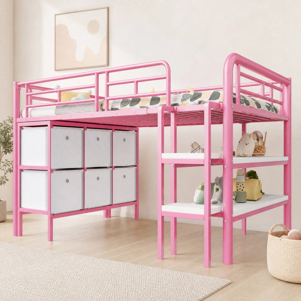 Letto a soppalco basso per bambini 90x200 cm in metallo e MDF; rosa; con scala ampia e vano portaoggetti