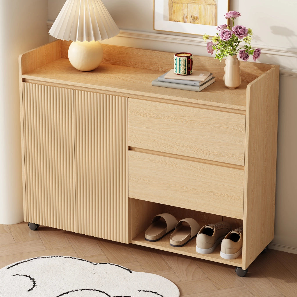 Scarpiera mobile in MDF naturale 110x35x86 cm con ruote frenanti e cassetti