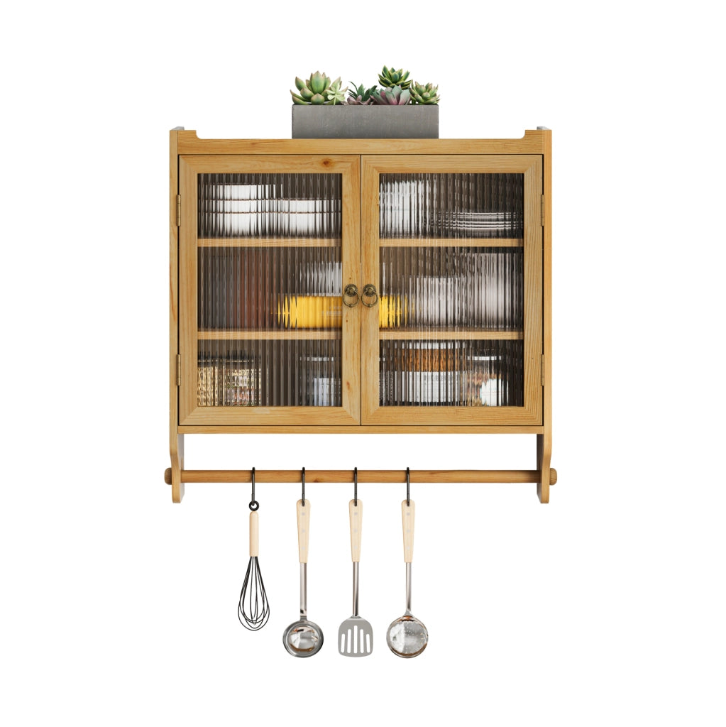 Pensile da parete vintage in legno e vetro, 63 cm naturale
