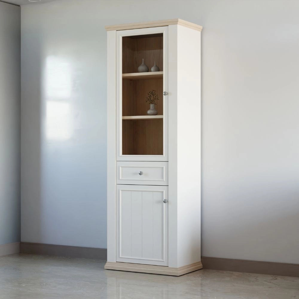 Vetrina Essenza 1 Anta Vetro e 1 Anta con Cassetto Bianco e Rovere 202 cm – Stile Classico