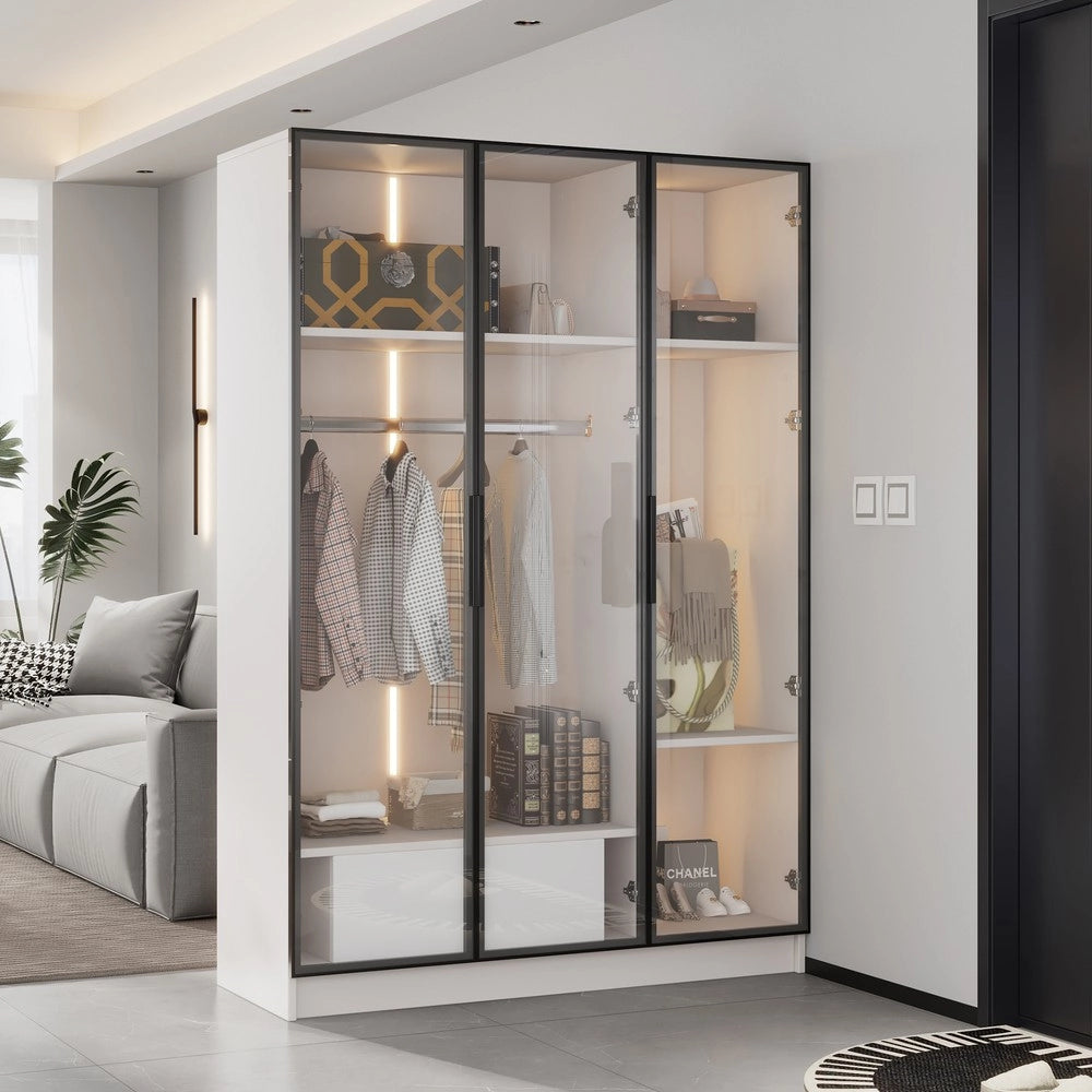 Armadio con Ante in Vetro Scorrevoli e Cassetto con LED ¨C MINIMAL ¨C Bianco, 110x50x160