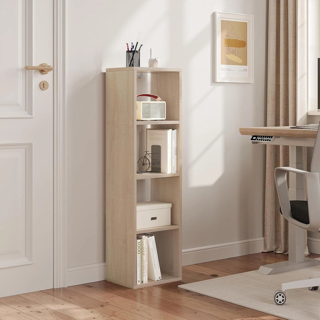 Libreria con 4 Livelli, Scaffale a Cubo in Piedi, Scaffale Aperto, per Soggiorno, Studio, Camera da Letto, Ufficio, 30x106,5x23,5 cm, Rovere Chiaro, SK051hei