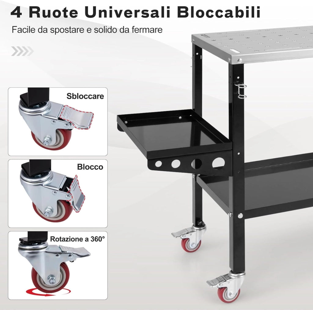 Tavolo da Lavoro, Banco da Lavoro con Supporto per Attrezzi e Vassoio, Fori per Fissaggio, 8 Slot per Attrezzi e Portabocchette per Saldatura, con Ruote, Capacità di Carico 540 KG (Modello 1)