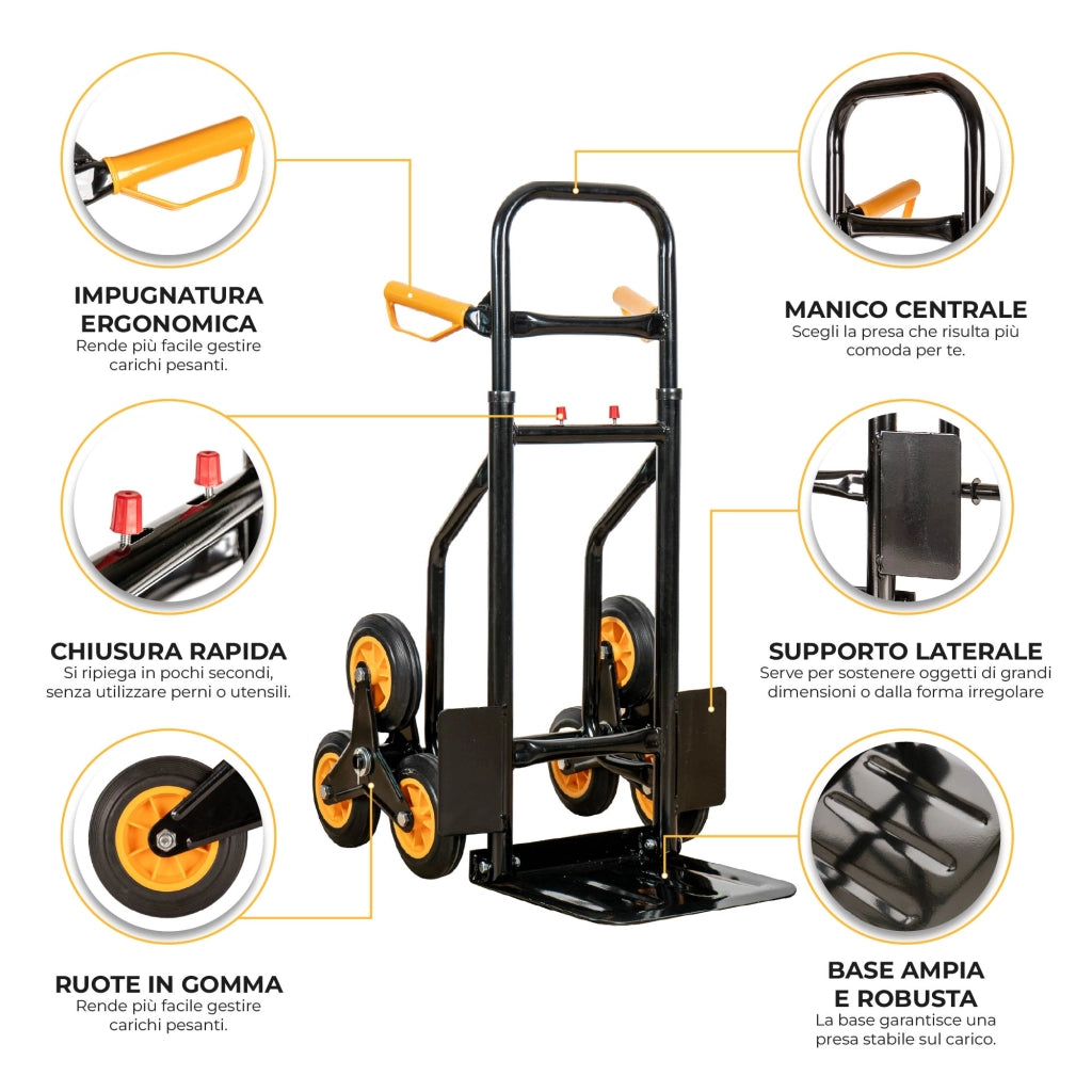 Carrello Portapacchi Per Scale Pieghevole Con 6 Ruote In Gomma Portatutto Capacità Carico 150 Kg Portatutto Traslochi Spesa Oggetti Pesanti  Altezza Regolabile Arancio