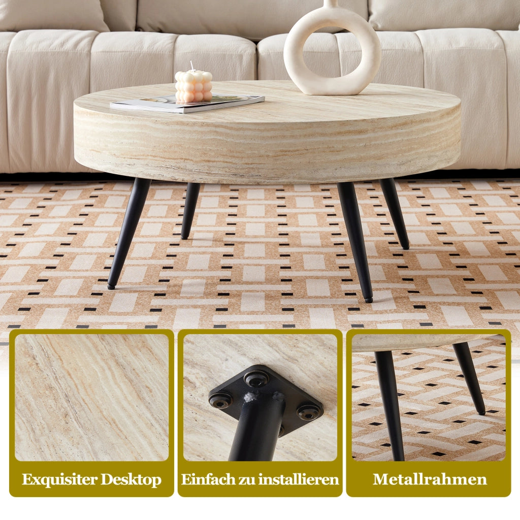 Tavolino rotondo con 1 piano in MDF effetto travertino chiaro; gambe in metallo nere; per soggiorno; Ø 70 × 35;5 cm