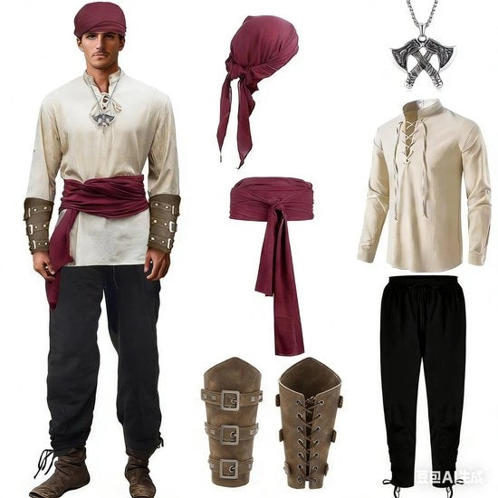 Costume Pirata Uomo - Set Completo - Camicia/Pantaloni/Cintura - Protezioni Polsi/Biglietti - Stile Medievale - Materiali di Alta Qualità - Costume Medievale