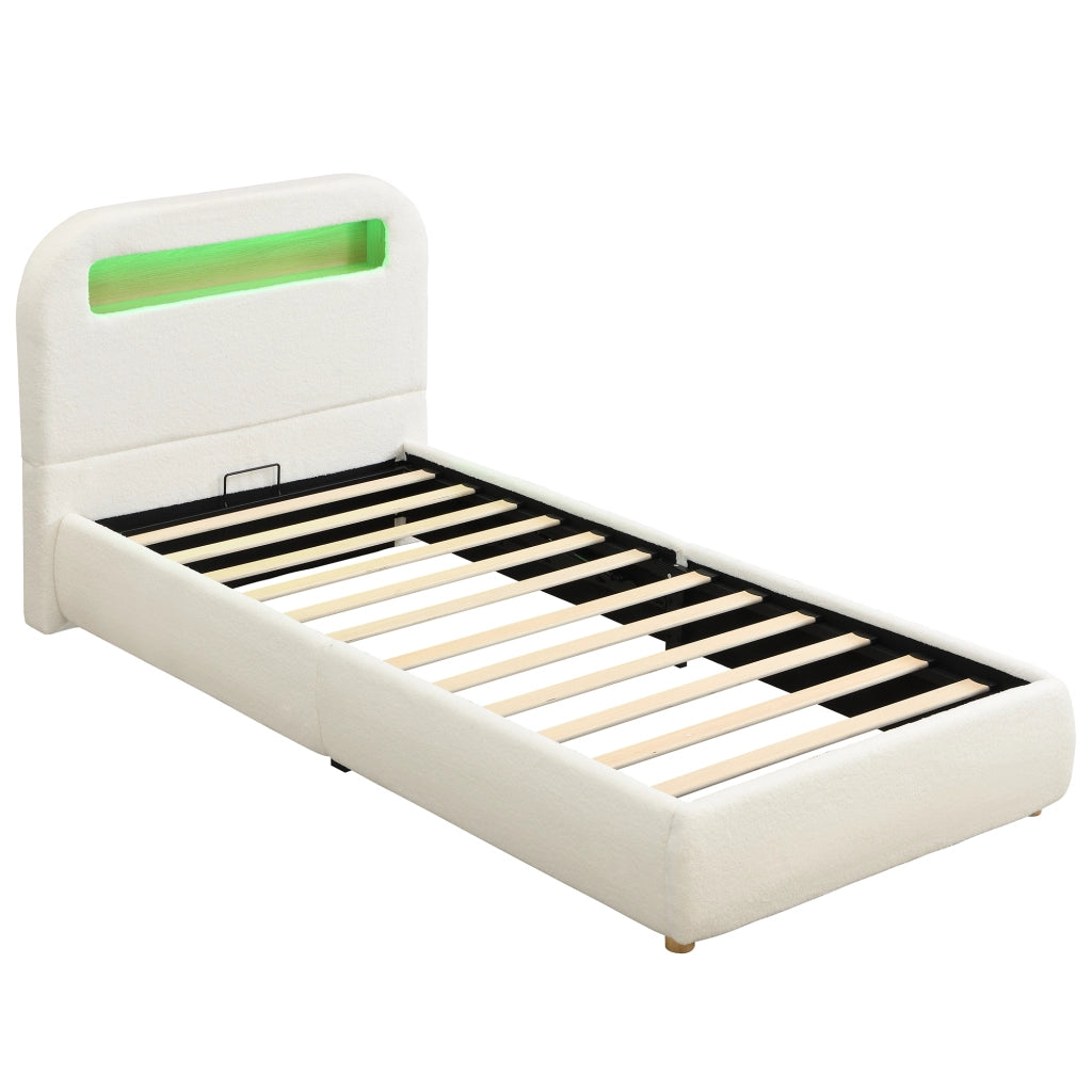 Letto singolo imbottito 90x200 cm con contenitore idraulico, LED e rete a doghe, bianco bouclé