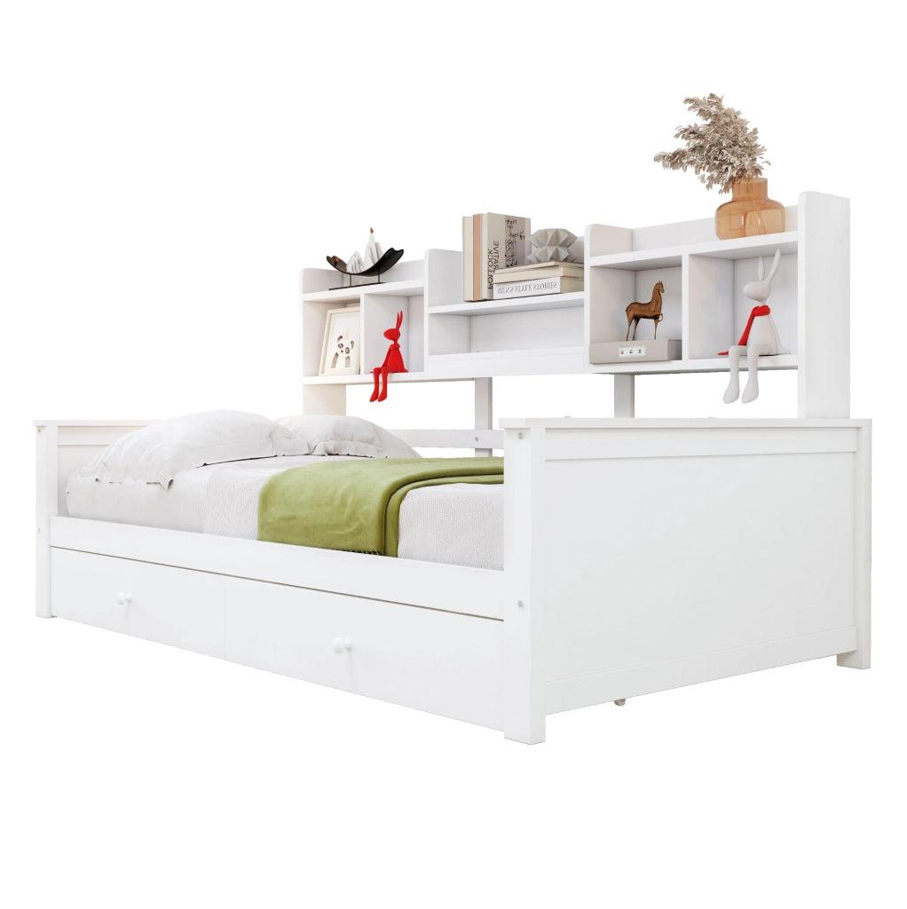 Divano letto singolo 90x200 cm in legno massiccio bianco con 2 cassetti e vani portaoggetti