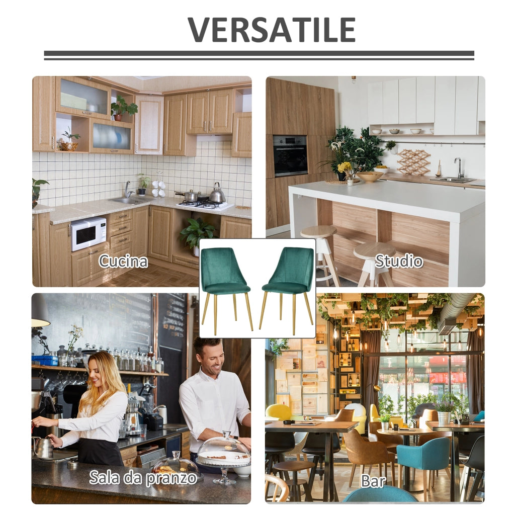 Set 2 Sedie da Pranzo Imbottite con Rivestimento Verde e Gambe in Metallo ¨C Zephmum ¨C 50x56.5x85cm