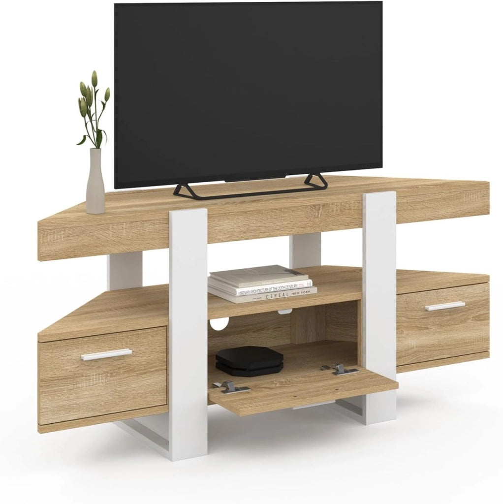 Mobile TV angolare PHOENIX 110 cm con cassetto in legno e bianco