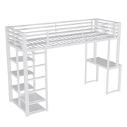 Letto a Soppalco Letto Singolo 90 x 200 cm con Scrivania; Mensole e Guardaroba in MDF e Metallo Bianco