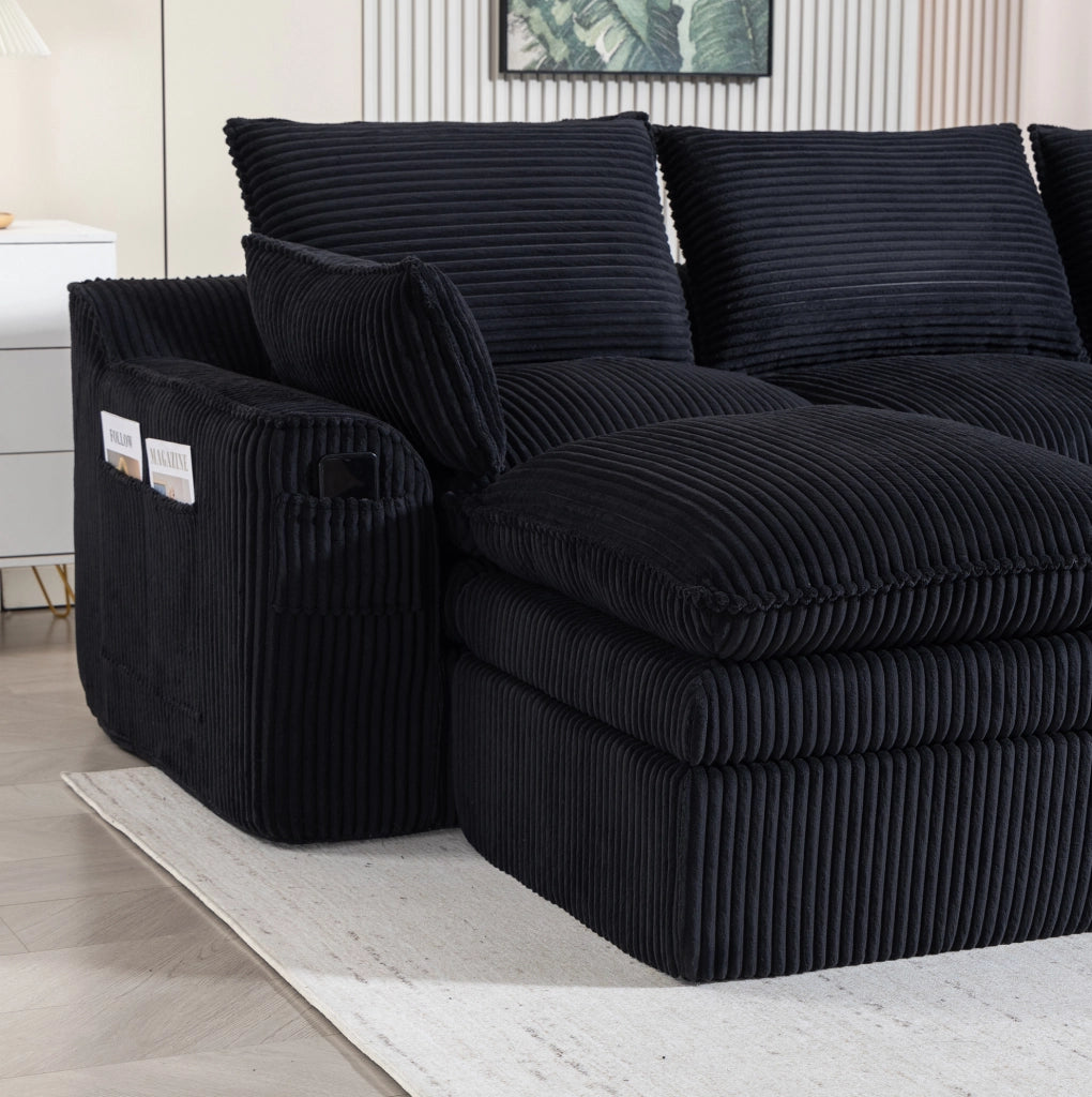 Divano modulare 4 posti in velluto a coste nero con 2 poggiapiedi; 335x167x85 cm
